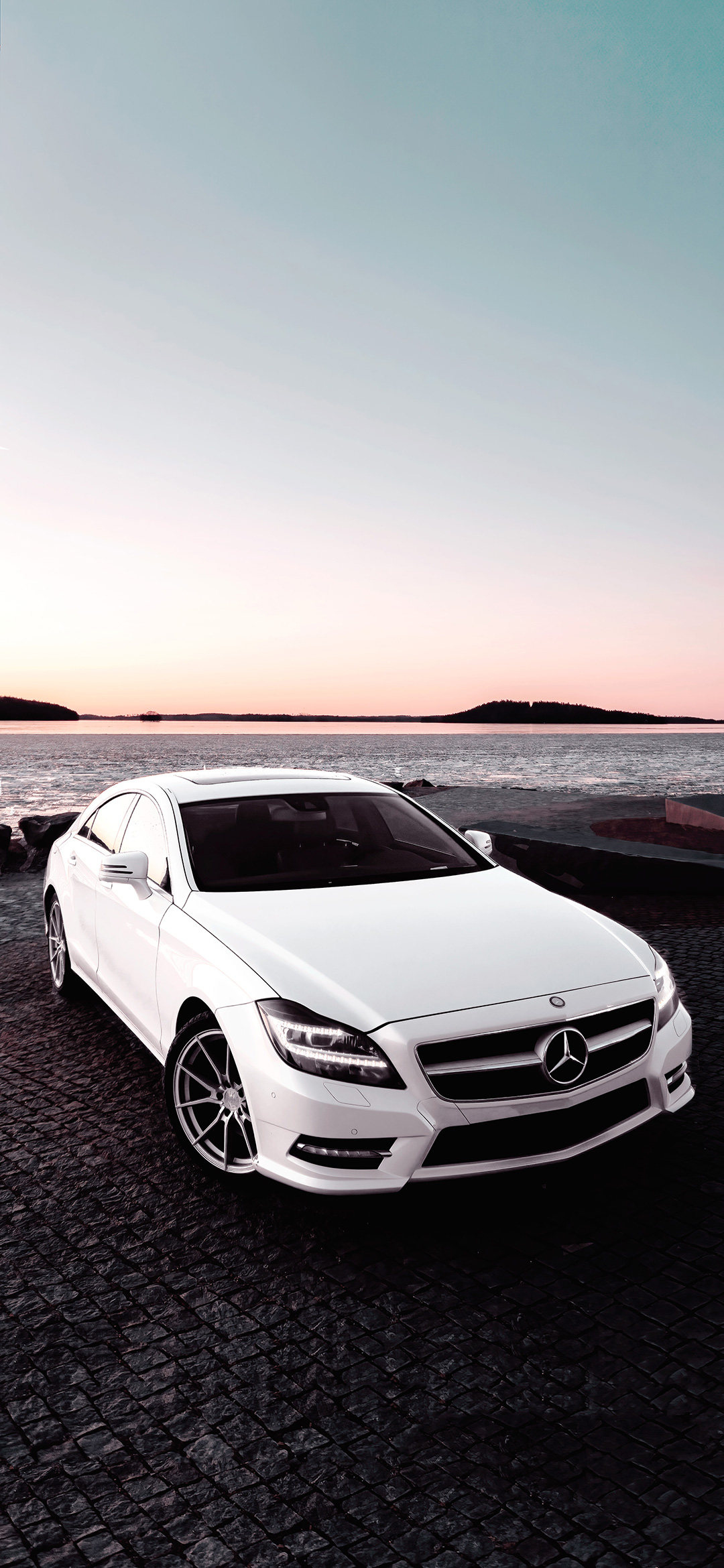 White Mercedes Cls Parked Near Sea 4K Phone Wallpaper