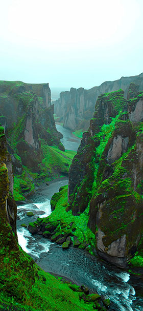 wallpaper of river between the green cliffs