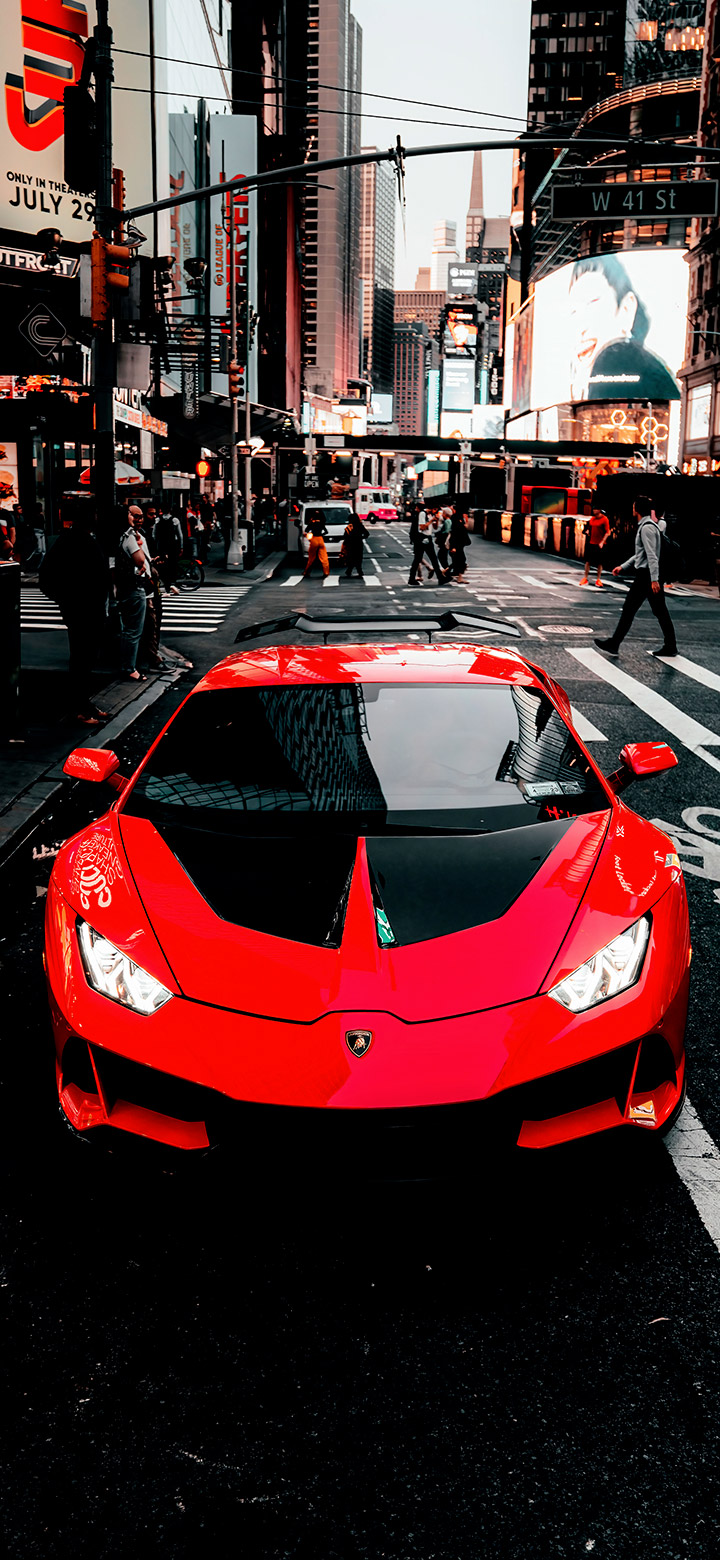 wallpaper of Red Lamborghini in New York street