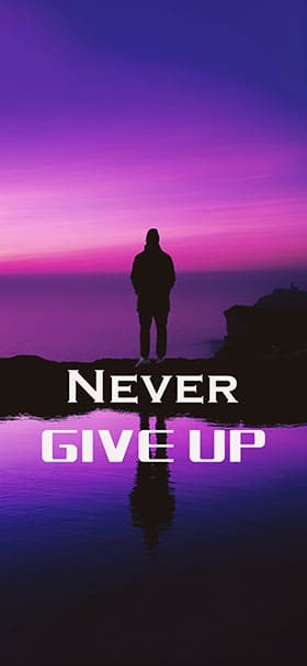 Phone Wallpaper Of Purple Lake with "Never Give Up" Quote