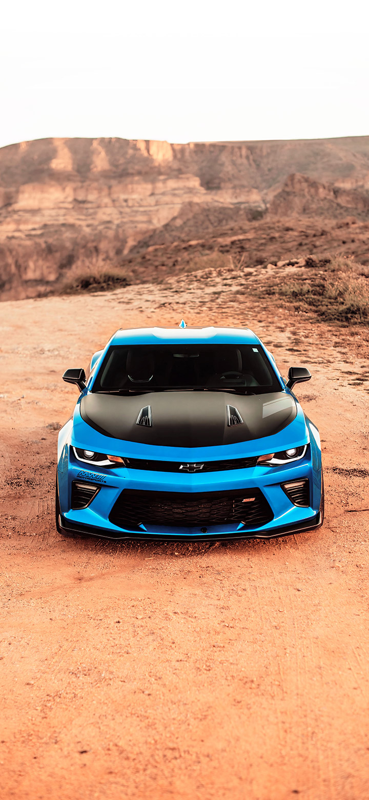 wallpaper of Blue Camaro In The Middle Of Desert